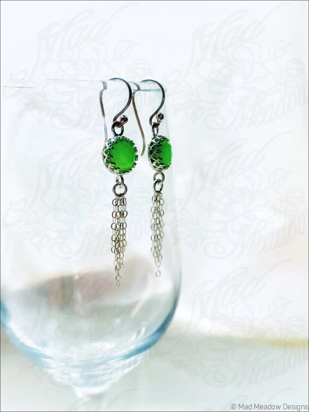 Vibrant Green 8mm Rose Cut Chrysoprase Chalcedony Sterling Silver Chain Tassel Earrings - Jewelry