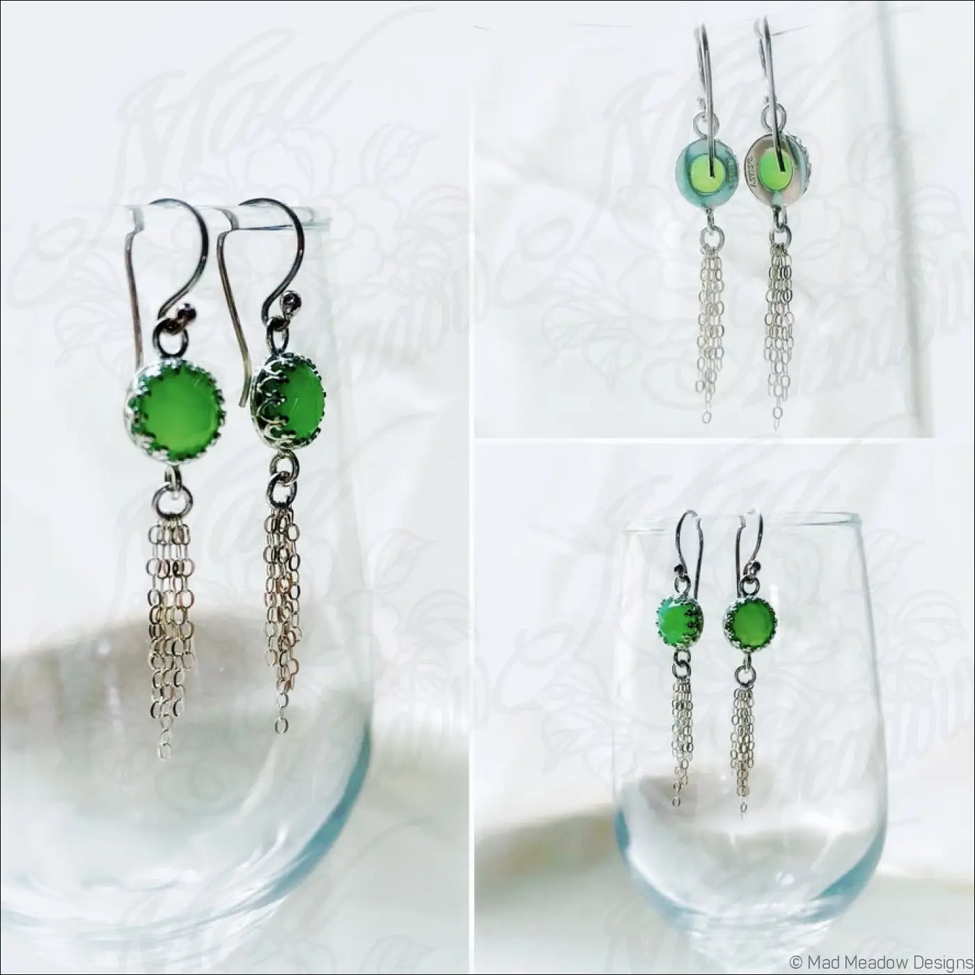 Vibrant Green 8mm Rose Cut Chrysoprase Chalcedony Sterling Silver Chain Tassel Earrings - Jewelry
