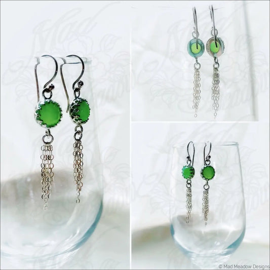 Vibrant Green 8mm Rose Cut Chrysoprase Chalcedony Sterling Silver Chain Tassel Earrings - Jewelry