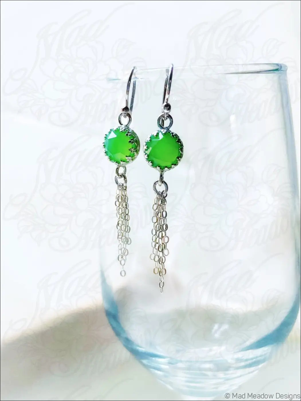 Vibrant Green 8mm Rose Cut Chrysoprase Chalcedony Sterling Silver Chain Tassel Earrings - Jewelry