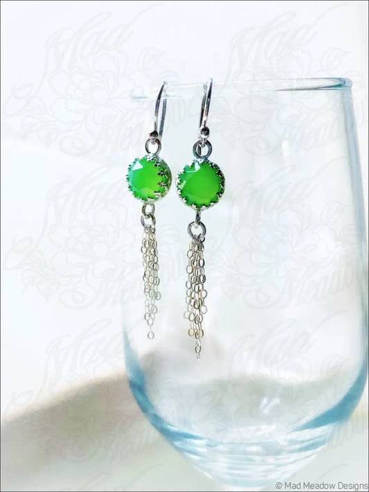 Vibrant Green 8mm Rose Cut Chrysoprase Chalcedony Sterling Silver Chain Tassel Earrings - Jewelry