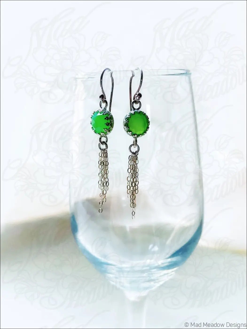 Vibrant Green 8mm Rose Cut Chrysoprase Chalcedony Sterling Silver Chain Tassel Earrings - Jewelry