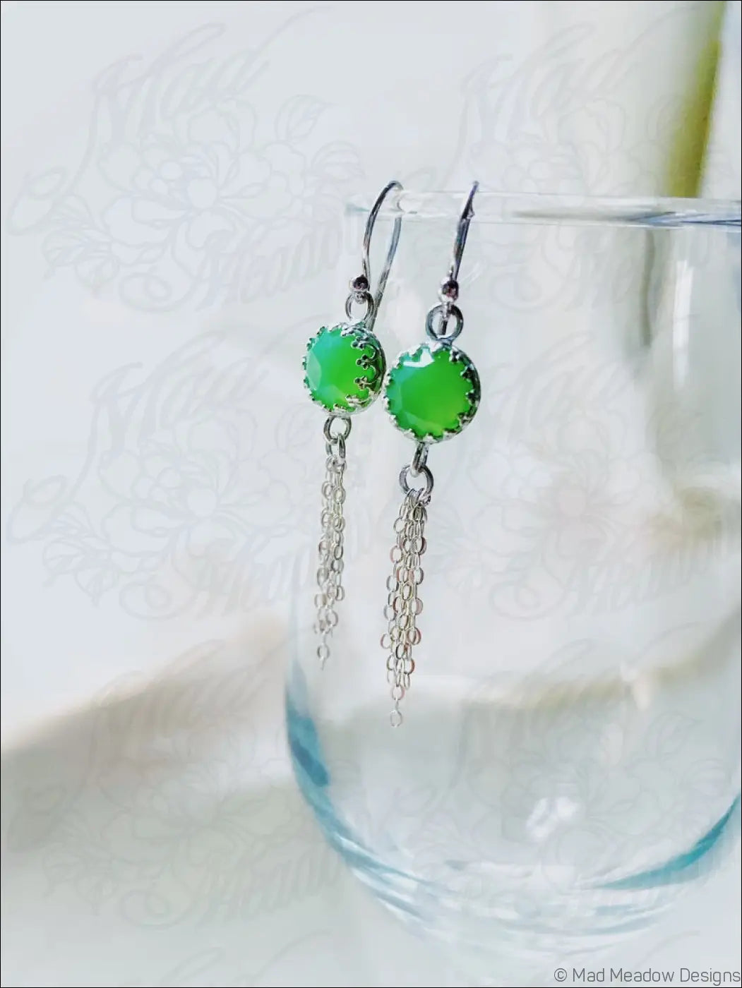 Vibrant Green 8mm Rose Cut Chrysoprase Chalcedony Sterling Silver Chain Tassel Earrings - Jewelry