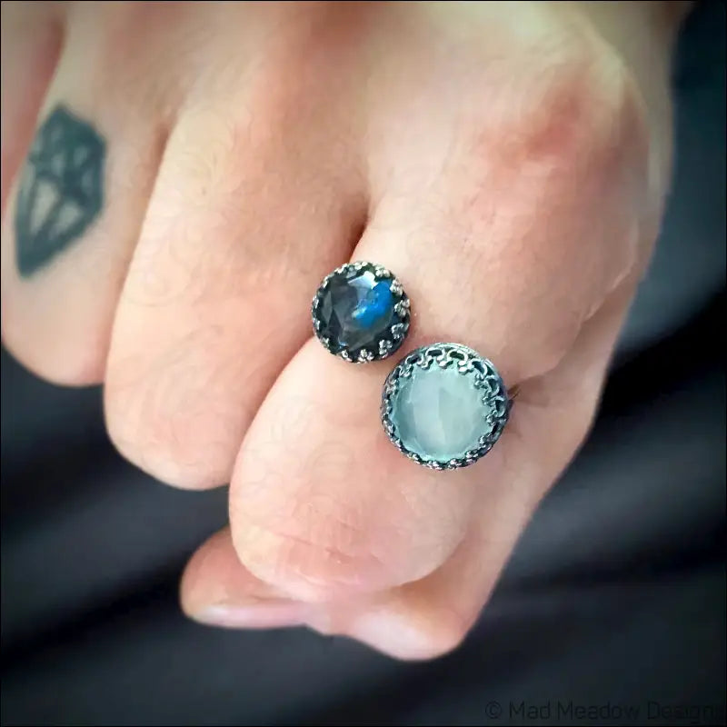 Double Rose Cut Gemstone Bypass Ring with Chrysoprase Chalcedony Labradorite and Lapis Lazuli - Chalcedony &