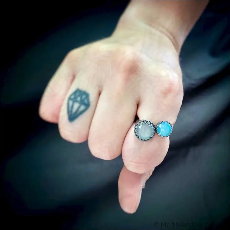 Double Rose Cut Gemstone Bypass Ring with Chrysoprase Chalcedony Labradorite and Lapis Lazuli - Double Aqua Chalcedony