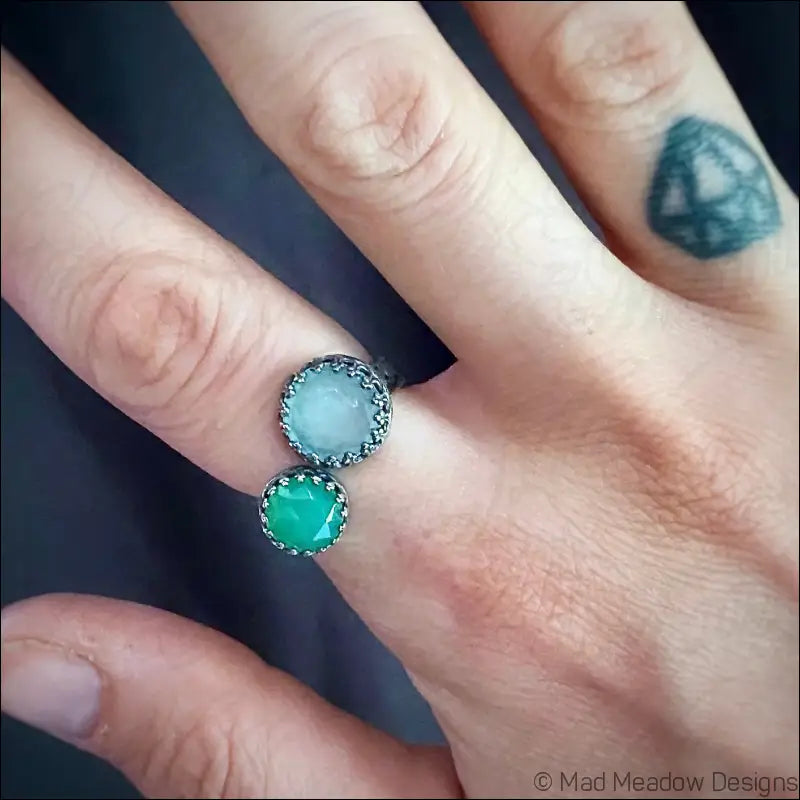 Double Rose Cut Gemstone Bypass Ring with Chrysoprase Chalcedony Labradorite and Lapis Lazuli - Jewelry