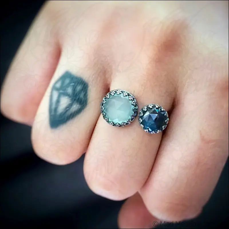 Double Rose Cut Gemstone Bypass Ring with Chrysoprase Chalcedony Labradorite and Lapis Lazuli - Jewelry