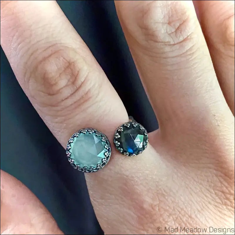 Double Rose Cut Gemstone Bypass Ring with Chrysoprase Chalcedony Labradorite and Lapis Lazuli - Jewelry