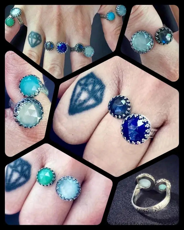 Double Rose Cut Gemstone Bypass Ring with Chrysoprase Chalcedony Labradorite and Lapis Lazuli - Jewelry