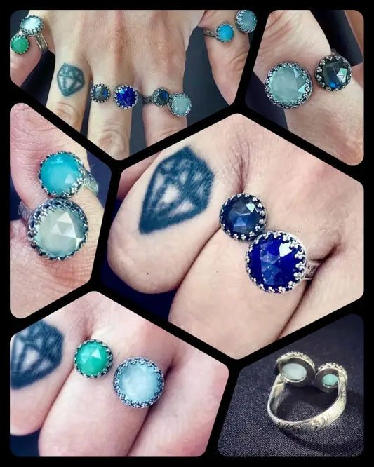 Double Rose Cut Gemstone Bypass Ring with Chrysoprase Chalcedony Labradorite and Lapis Lazuli - Jewelry