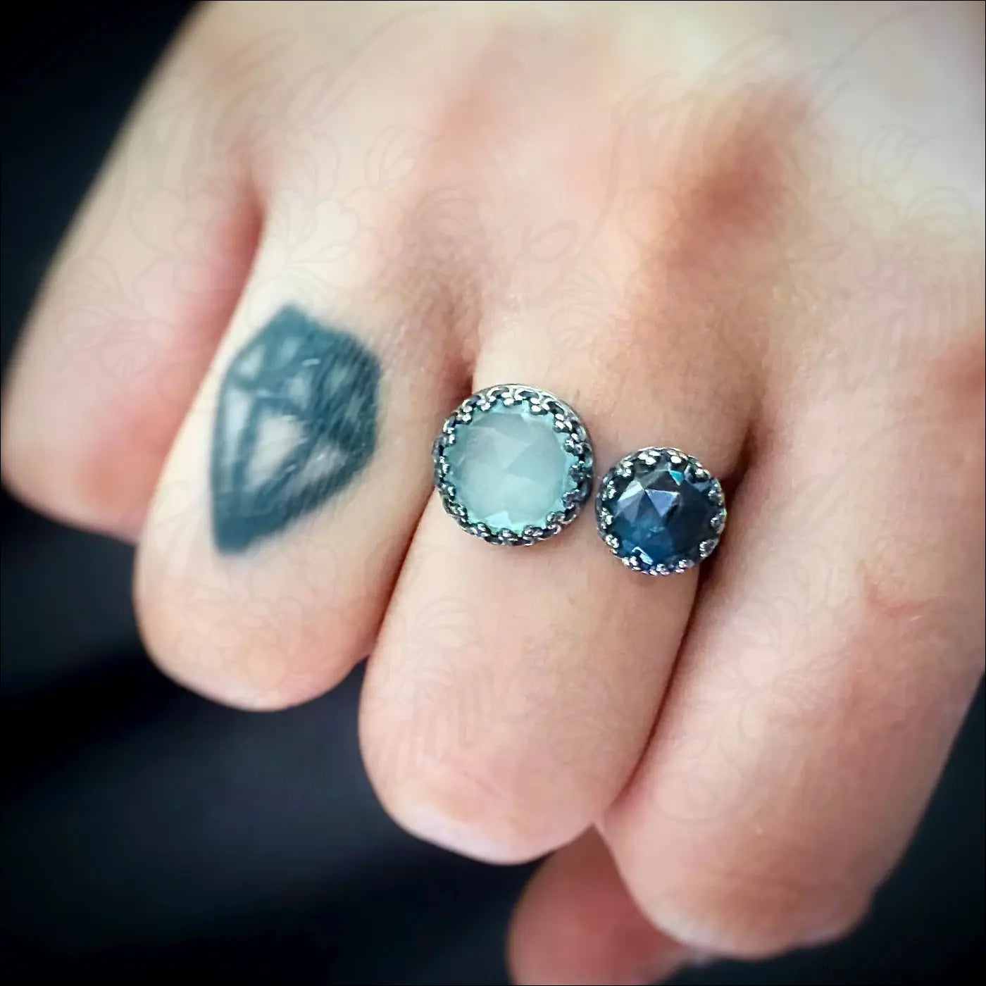 Double Rose Cut Gemstone Bypass Ring with Chrysoprase Chalcedony Labradorite and Lapis Lazuli - Jewelry