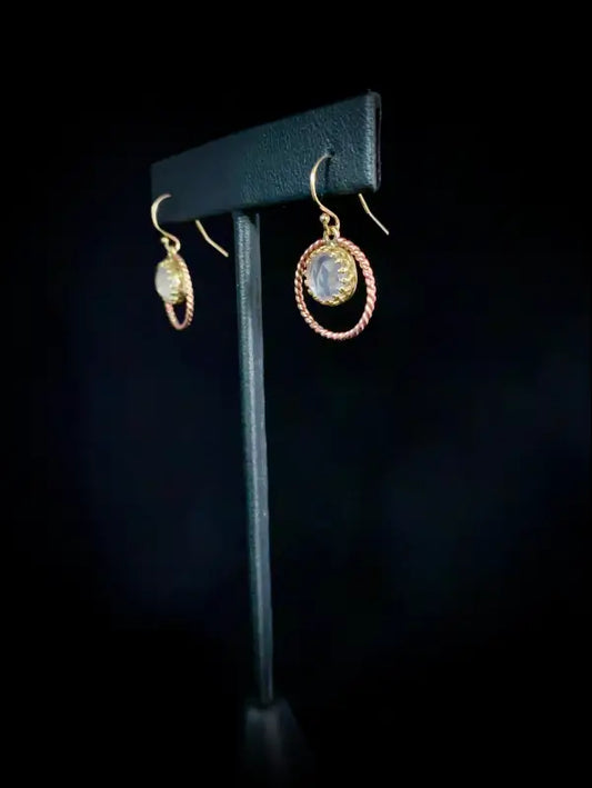 Rose Quartz Brass 14k Yellow and Rose Gold Filled Twisted Halo Earrings