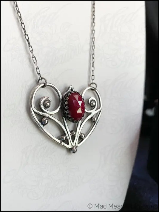 Red Ruby Sterling Silver Love Heart Pendant on 18’’ Necklace - Jewelry