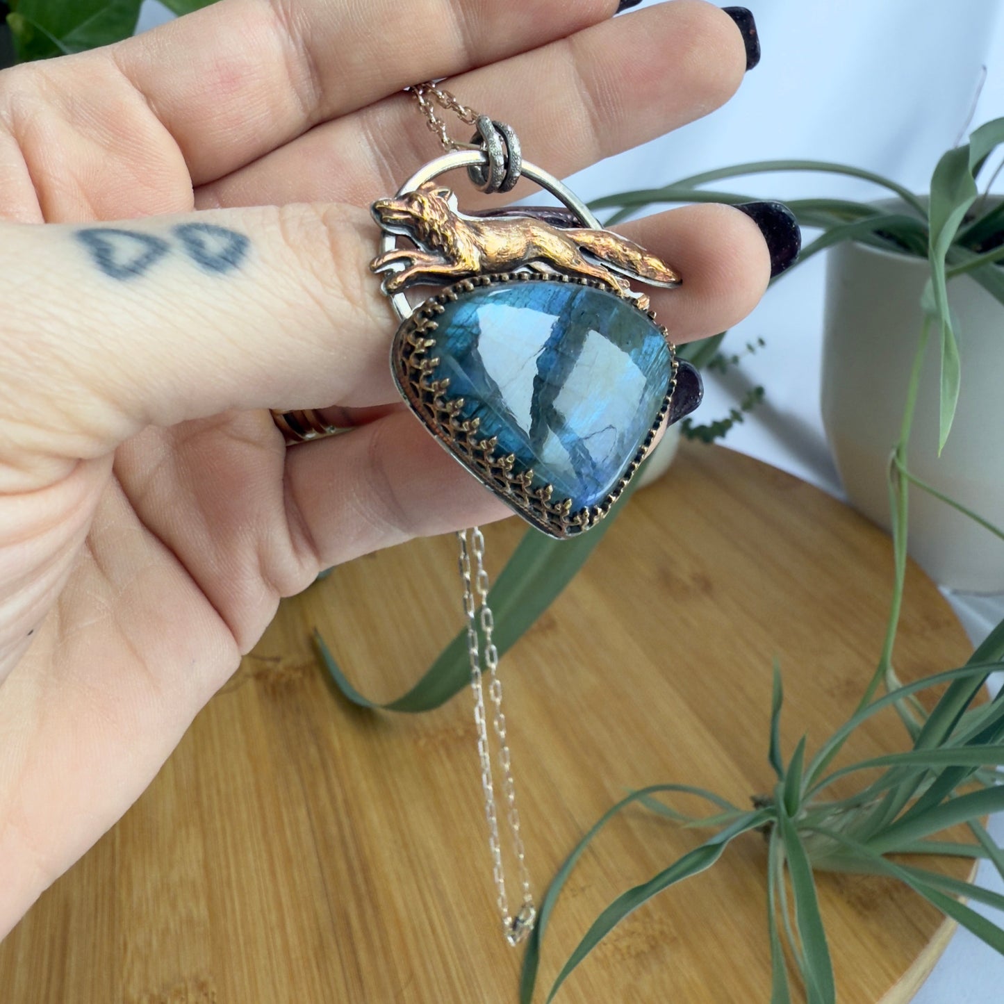 Running Fox Labradorite Sterling Silver Pendant with Brass Details on 18’’ Beveled Cable Chain - Jewelry