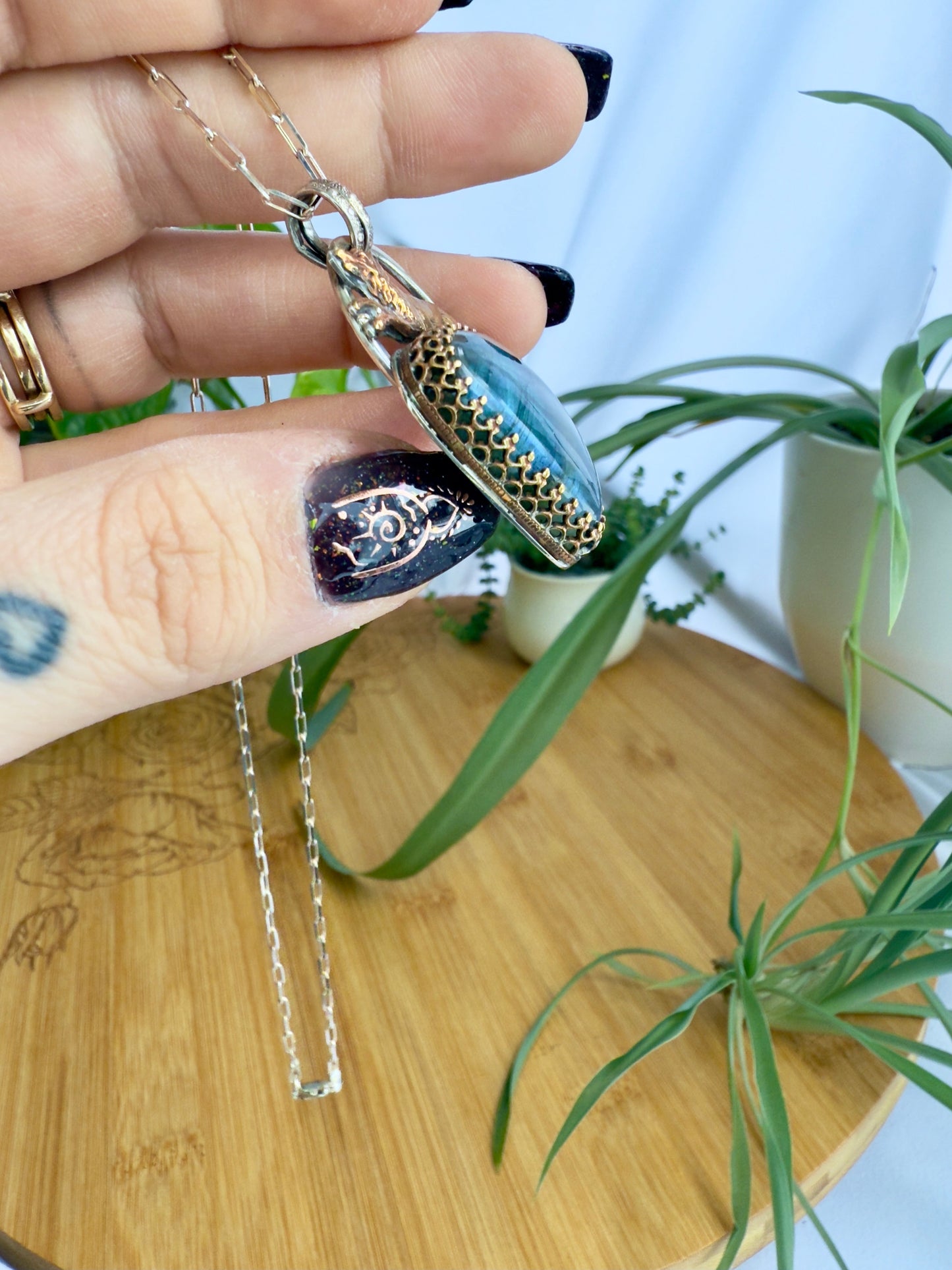 Running Fox Labradorite Sterling Silver Pendant with Brass Details on 18’’ Beveled Cable Chain - Jewelry