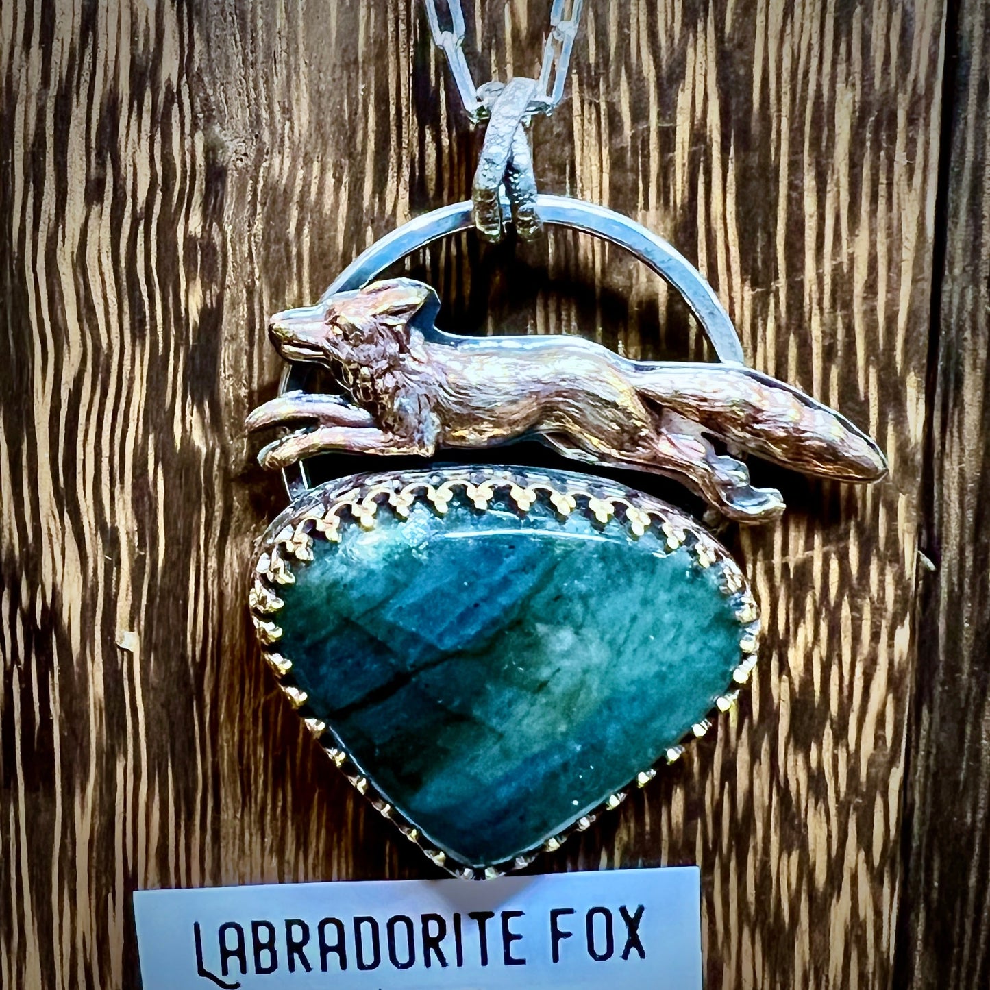 Running Fox Labradorite Sterling Silver Pendant with Brass Details on 18’’ Beveled Cable Chain - Jewelry