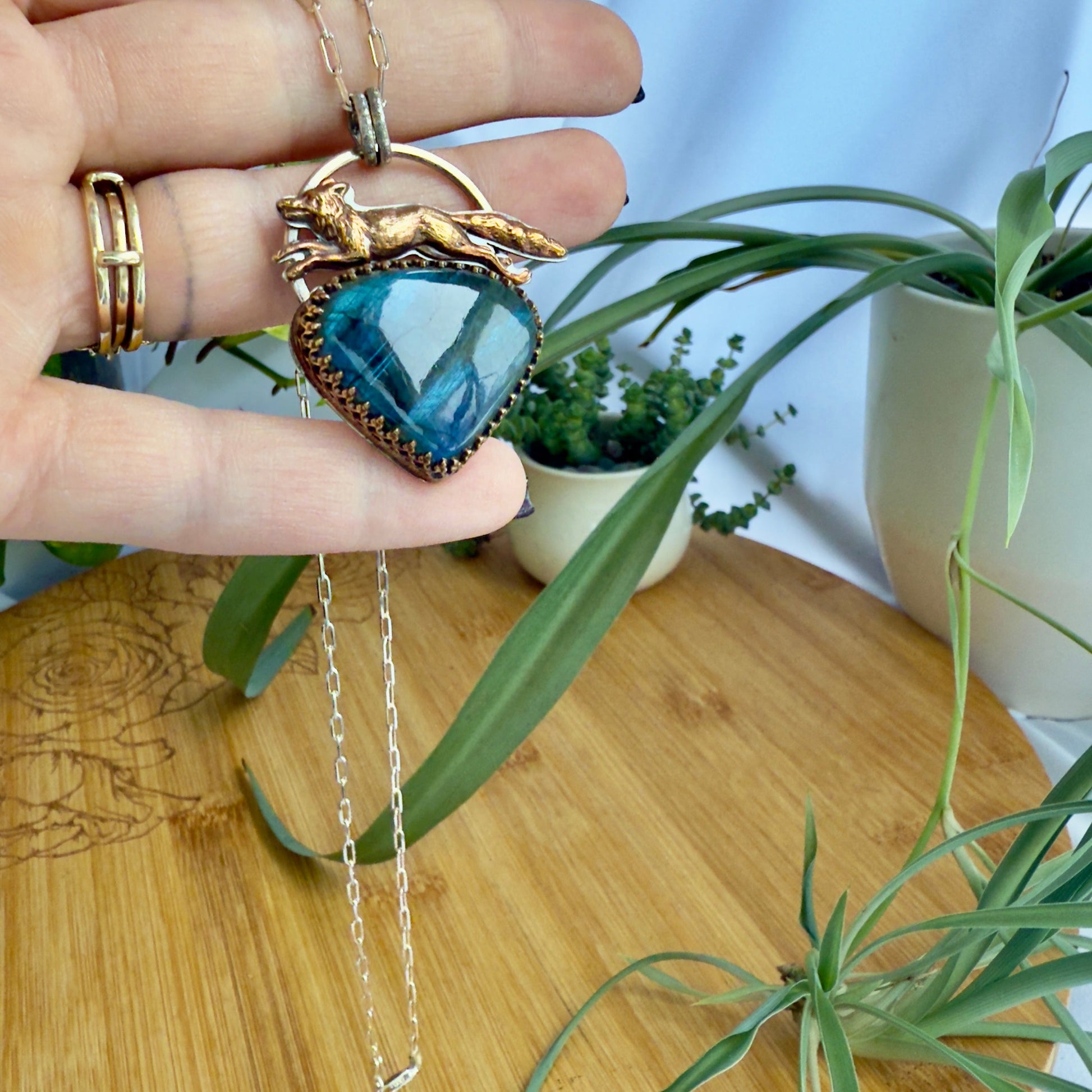 Running Fox Labradorite Sterling Silver Pendant with Brass Details on 18’’ Beveled Cable Chain - Jewelry