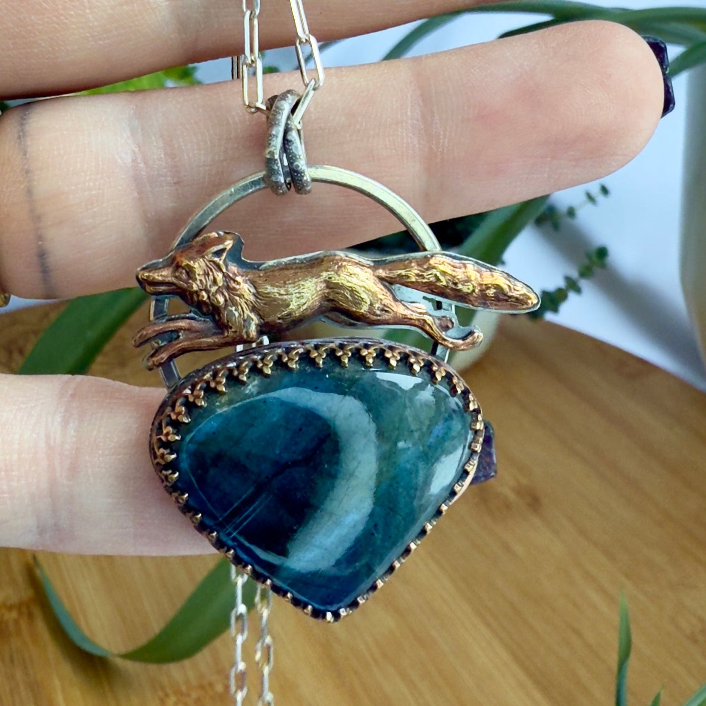 Running Fox Labradorite Sterling Silver Pendant with Brass Details on 18’’ Beveled Cable Chain - Jewelry