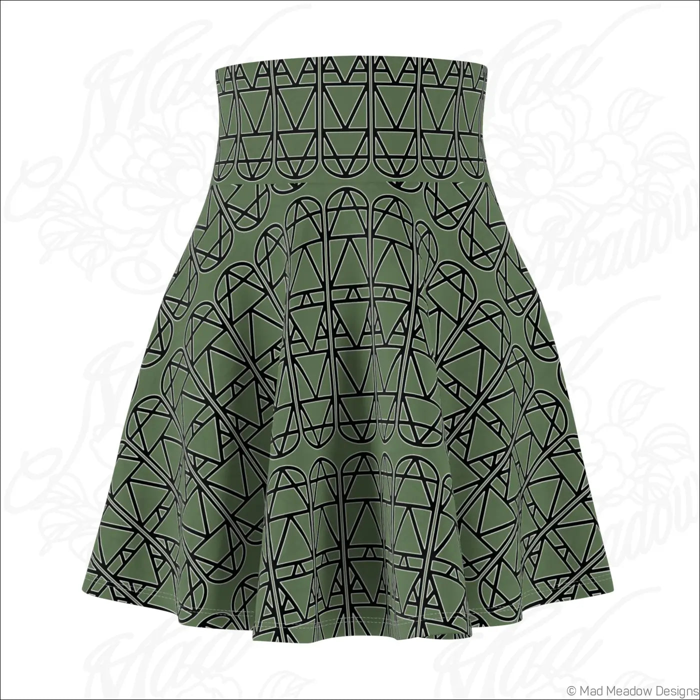 Olive green high waisted skater skirt with bold black geometric pattern and care instructions for hand wash
