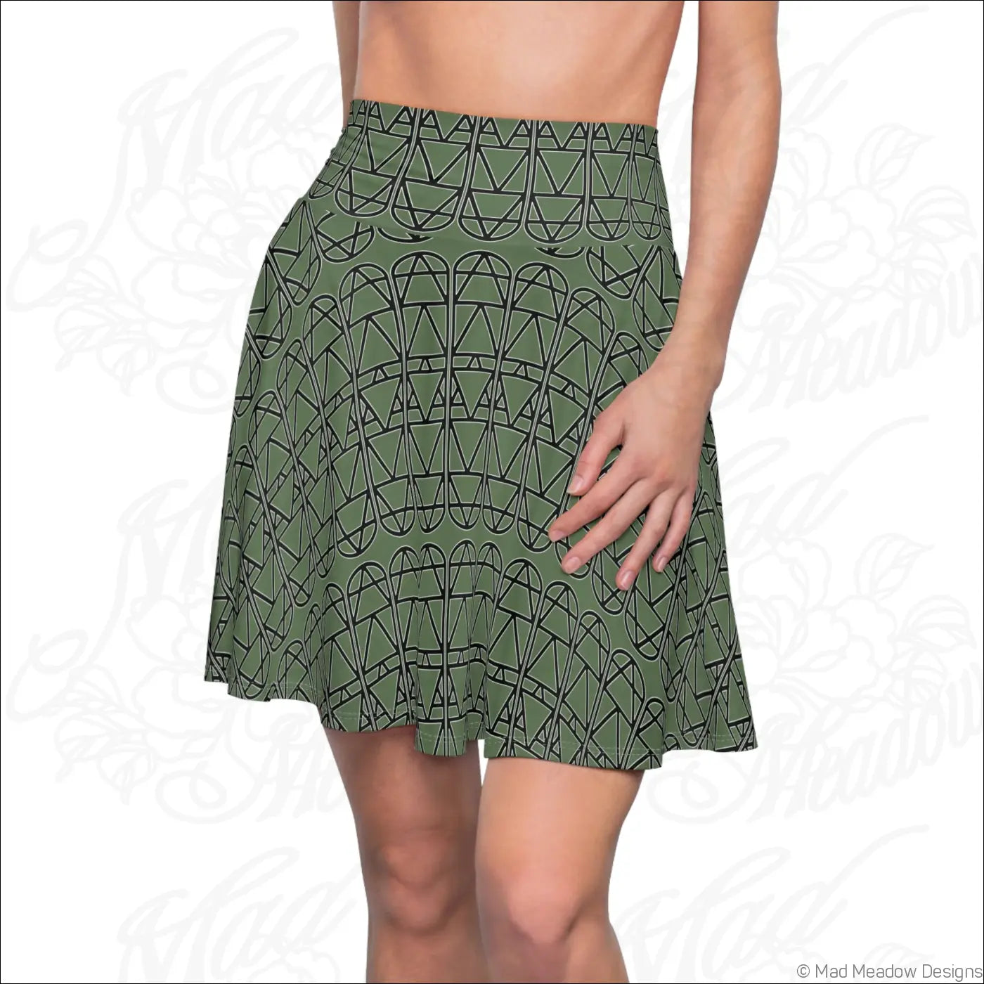 Olive green skater skirt with bold black geometric pattern in column repeat aop care instructions recommend line dry