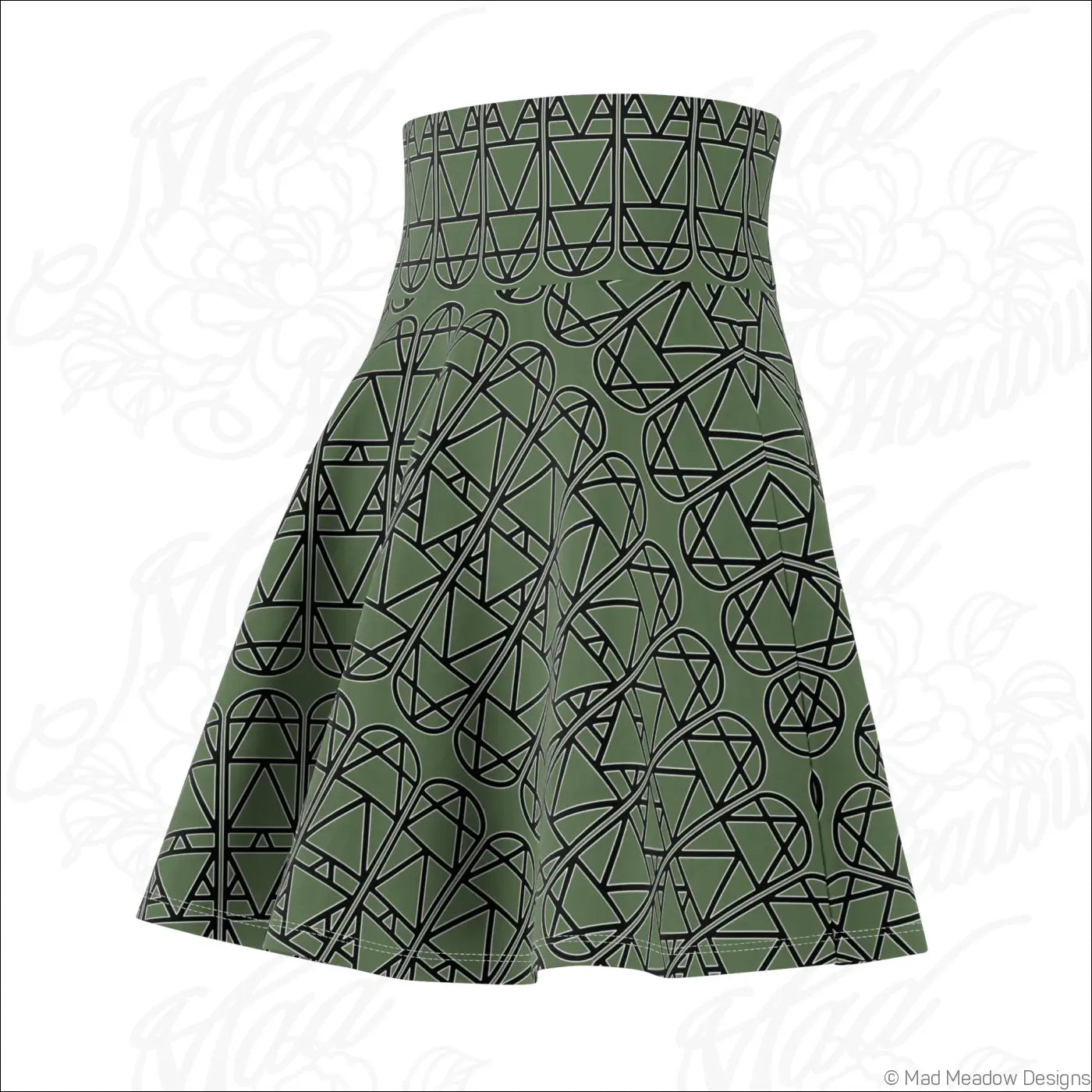 Olive green high waisted skater skirt with bold black geometric pattern and care instructions to line dry