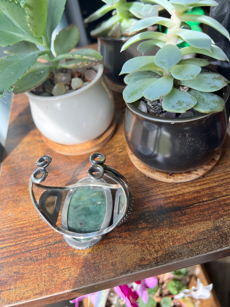 Serpentine and Labradorite Bold Witchy Sterling Silver and Brass Statement Cuff Bracelet - Jewelry