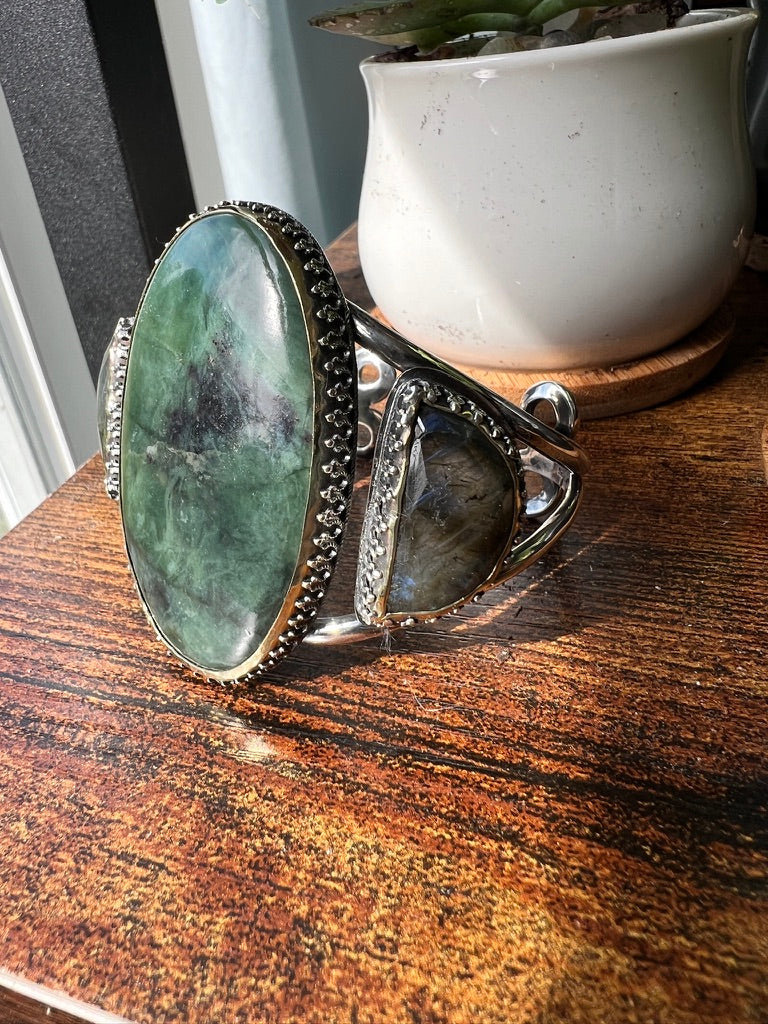 Serpentine and Labradorite Bold Witchy Sterling Silver and Brass Statement Cuff Bracelet - Jewelry