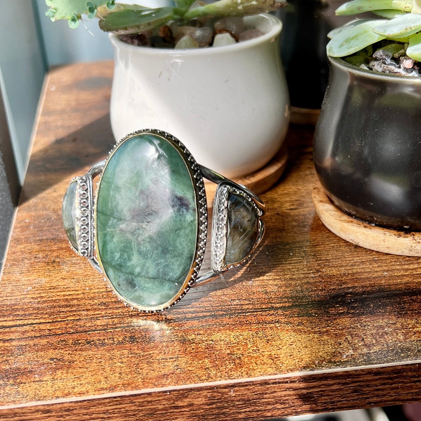 Serpentine and Labradorite Bold Witchy Sterling Silver and Brass Statement Cuff Bracelet - Jewelry