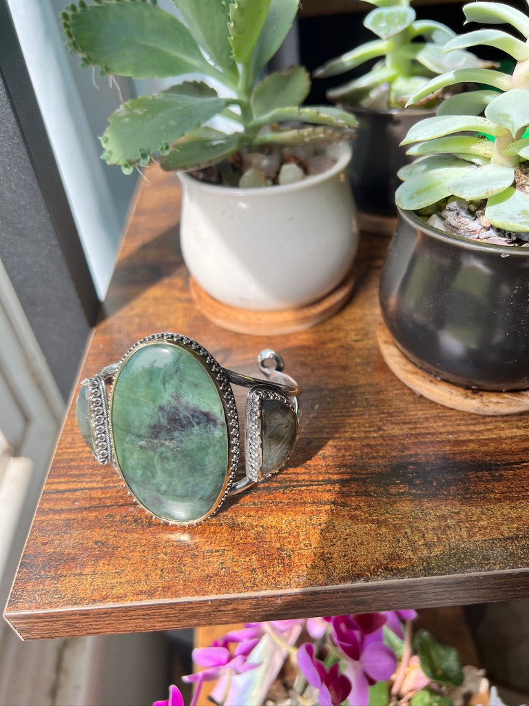 Serpentine and Labradorite Bold Witchy Sterling Silver and Brass Statement Cuff Bracelet - Jewelry