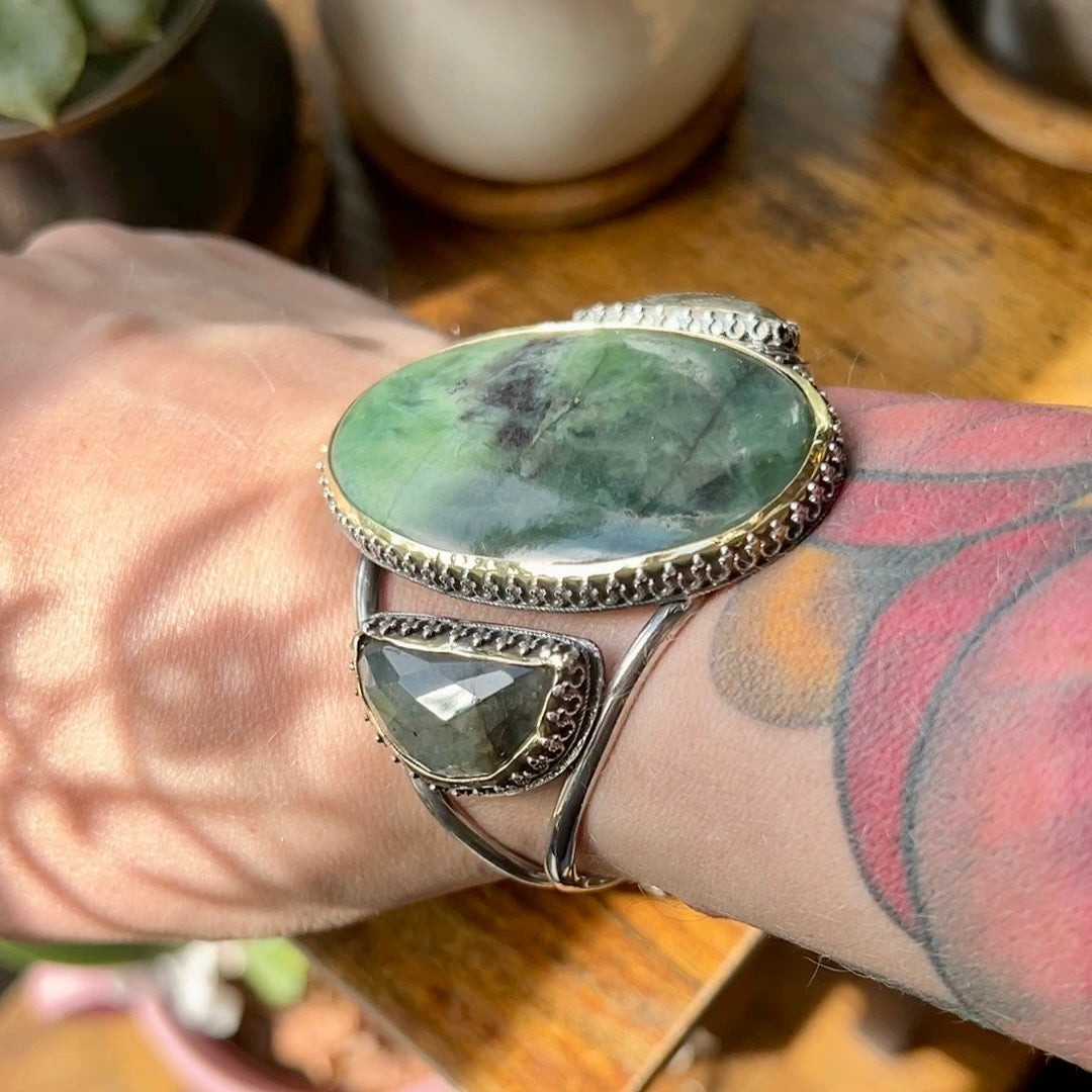 Serpentine and Labradorite Bold Witchy Sterling Silver and Brass Statement Cuff Bracelet - Jewelry