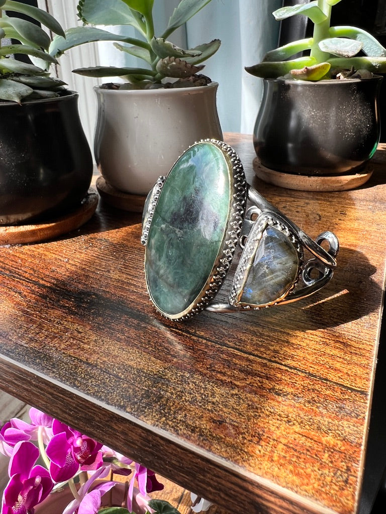 Serpentine and Labradorite Bold Witchy Sterling Silver and Brass Statement Cuff Bracelet - Jewelry