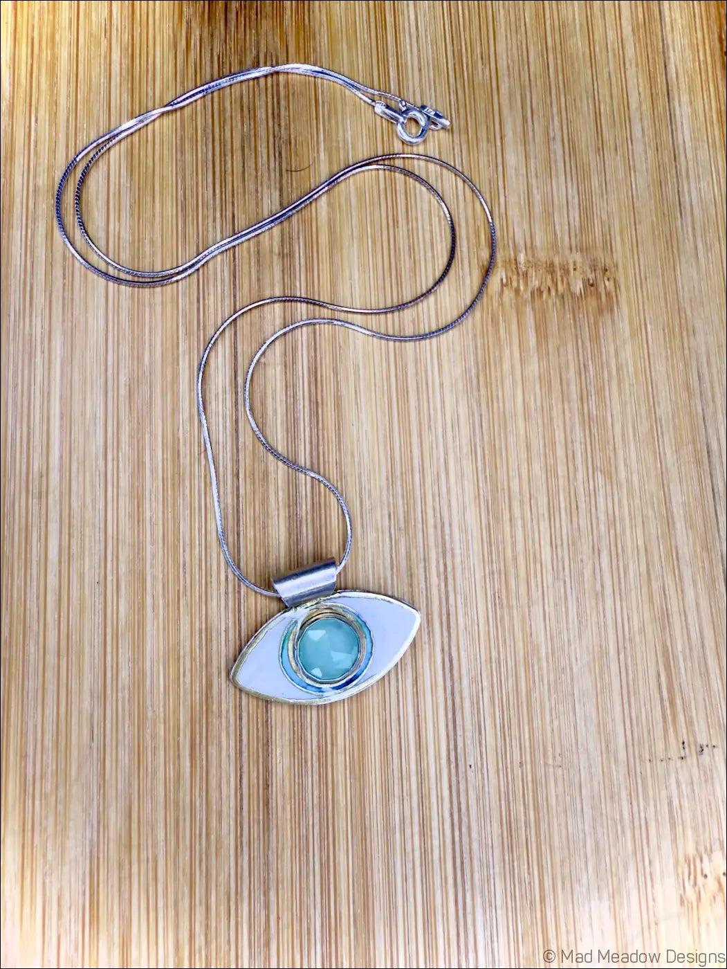 Aqua Chalcedony Evil Eye Sterling Silver Pendant Necklace on 18’’ Snake Chain - Jewelry