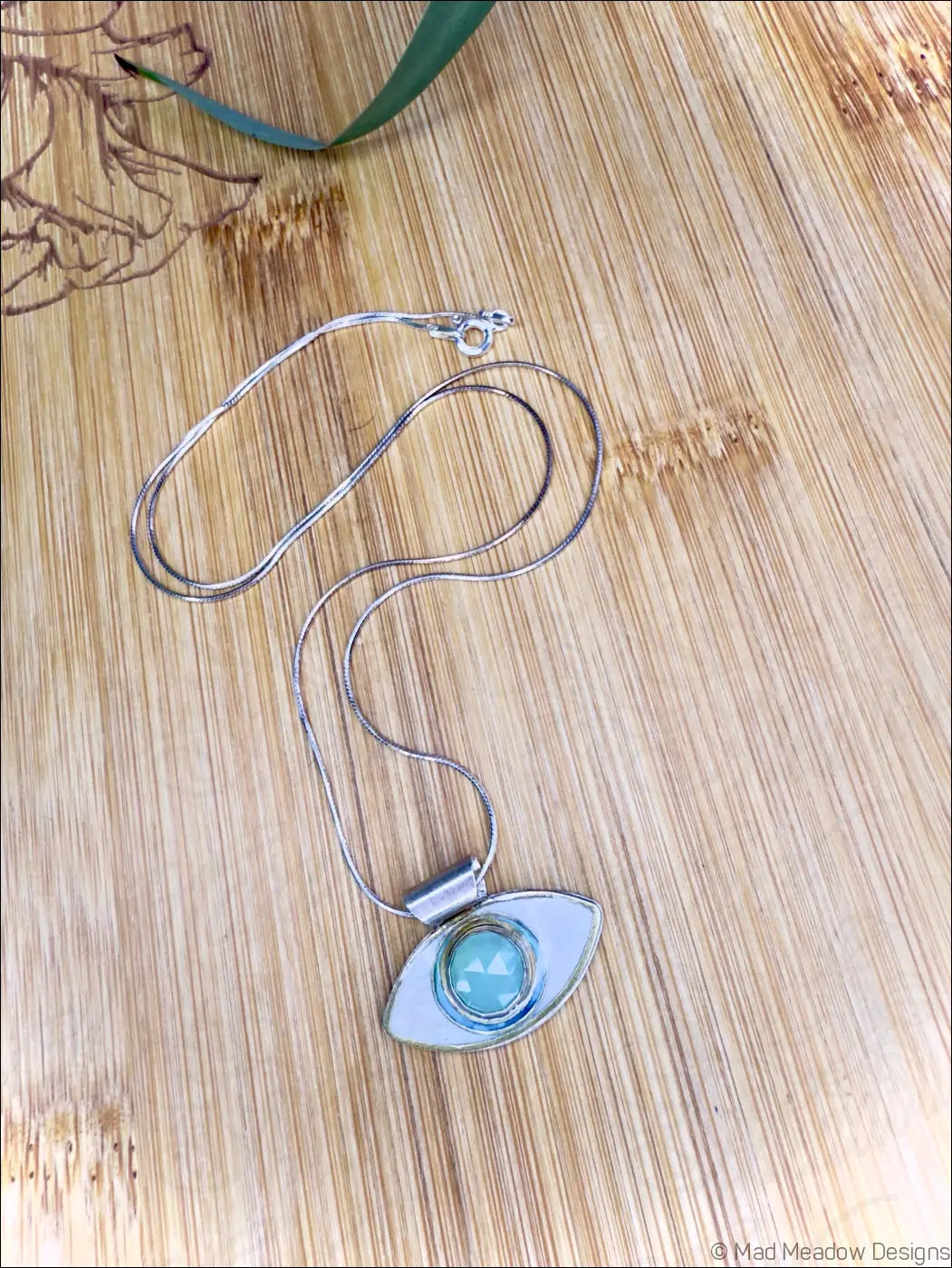 Aqua Chalcedony Evil Eye Sterling Silver Pendant Necklace on 18’’ Snake Chain - Jewelry