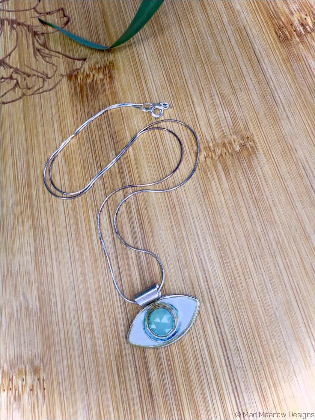 Aqua Chalcedony Evil Eye Sterling Silver Pendant Necklace on 18’’ Snake Chain - Jewelry