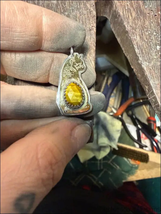 Silver Tigerseye Cat Pendant with Amber-Color Gem and Delicate Chain - Jewelry