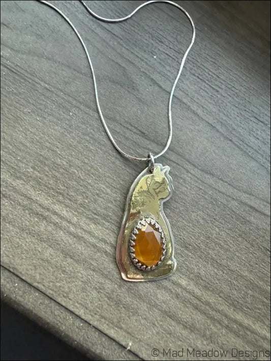 Silver Tigerseye Cat Pendant with Amber-Color Gem and Delicate Chain - Jewelry