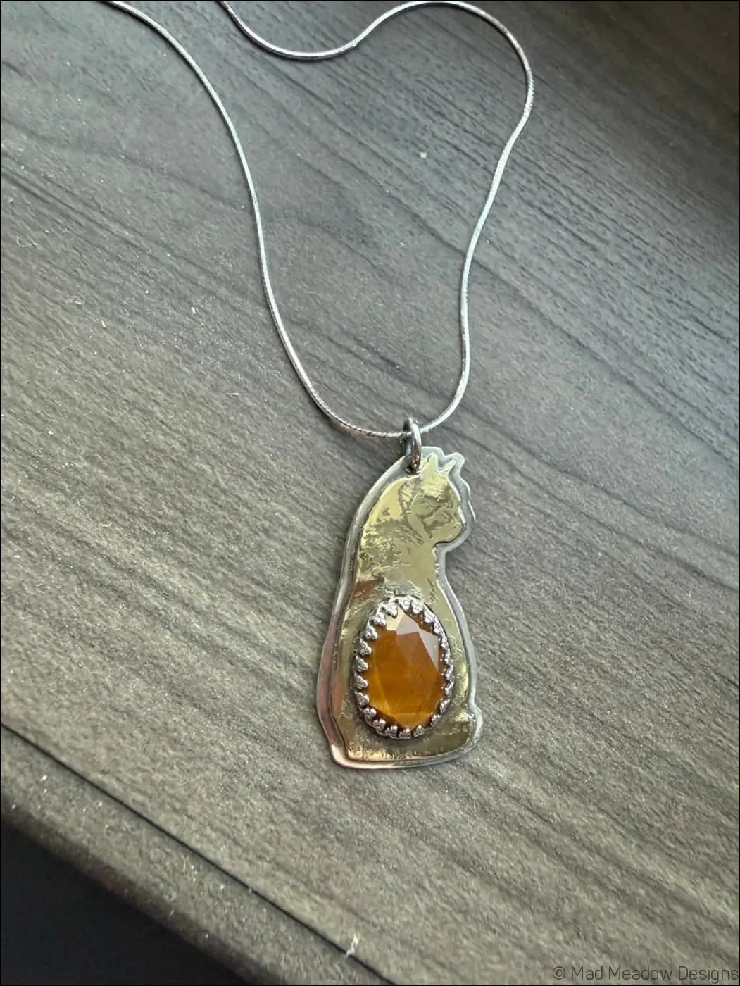 Silver Tigerseye Cat Pendant with Amber-Color Gem and Delicate Chain - Jewelry
