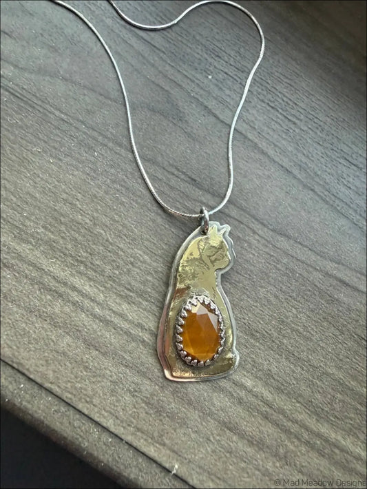 Silver Tigerseye Cat Pendant with Amber-Color Gem and Delicate Chain - Jewelry