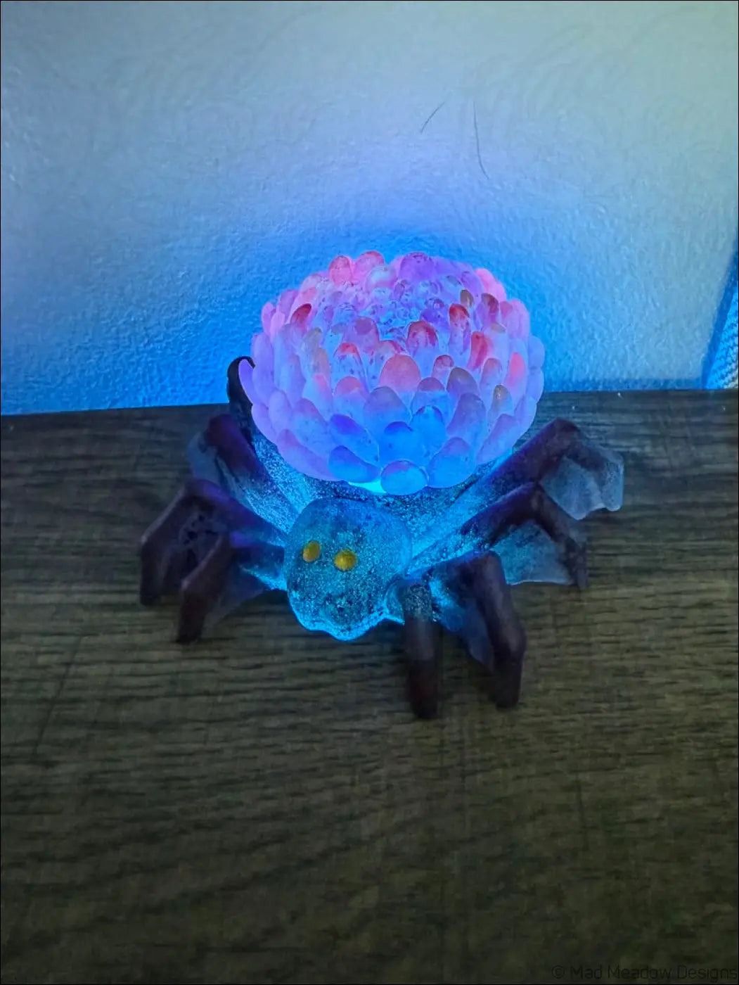 Spider flower light usb app controlled glowing blue and pink led lamp with translucent textured body and yellow eyes