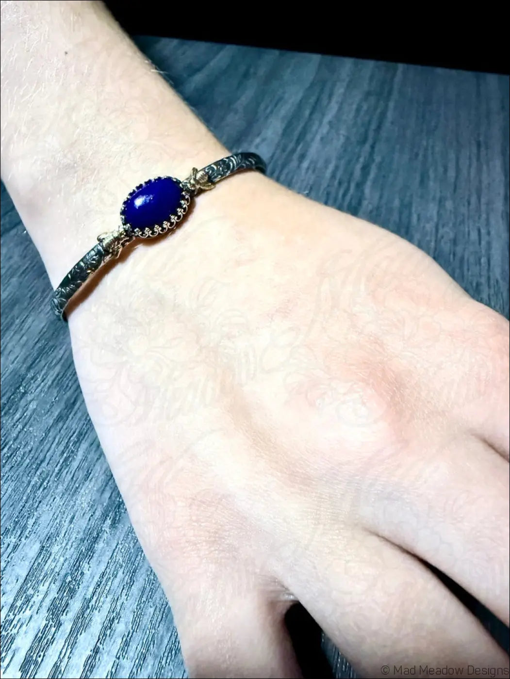 Sterling Silver Cuff Bracelet with Brass Bees and Lapis Lazuli Stone - Bracelet