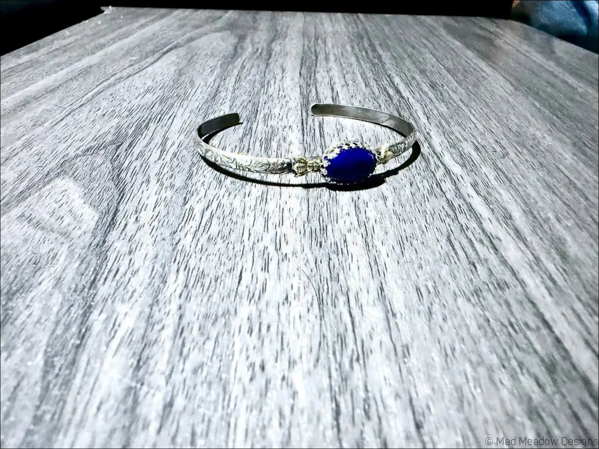 Sterling Silver Cuff Bracelet with Brass Bees and Lapis Lazuli Stone - Bracelet