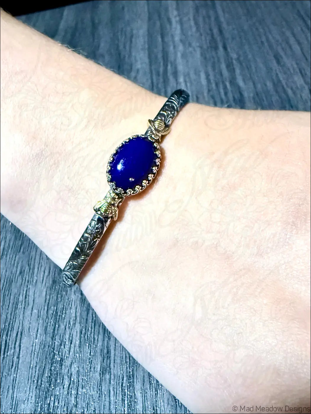Sterling Silver Cuff Bracelet with Brass Bees and Lapis Lazuli Stone - Bracelet