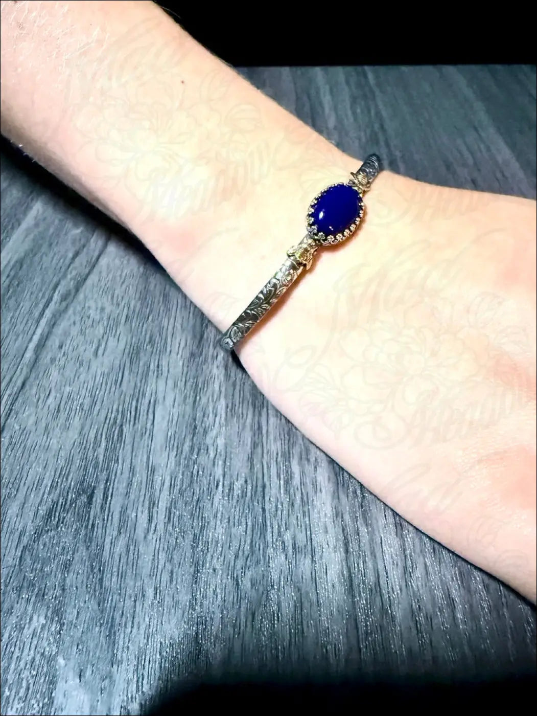 Sterling Silver Cuff Bracelet with Brass Bees and Lapis Lazuli Stone - Bracelet