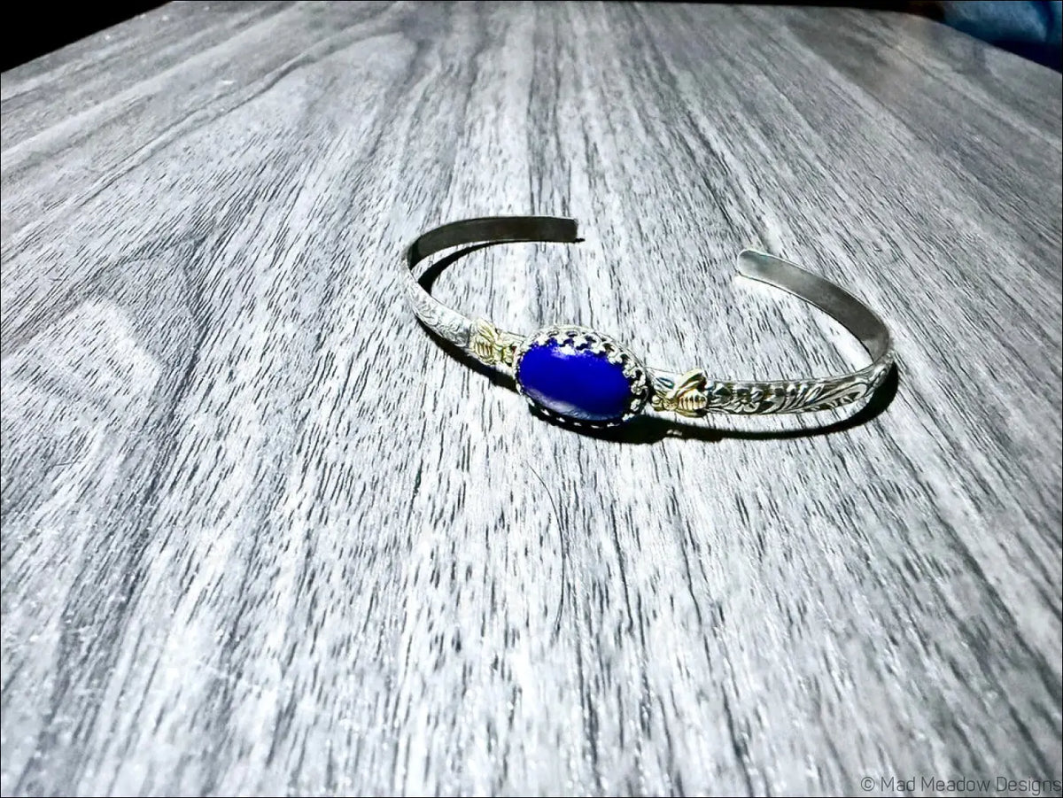 Sterling Silver Cuff Bracelet with Brass Bees and Lapis Lazuli Stone - Bracelet