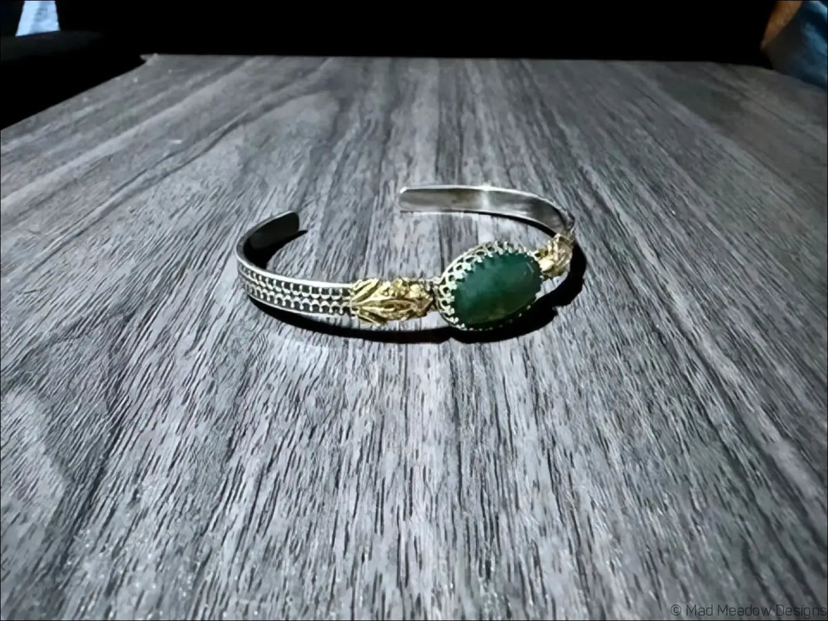 Sterling Silver Cuff Bracelet with Brass Frogs and Moss Agate Stone - Bracelet