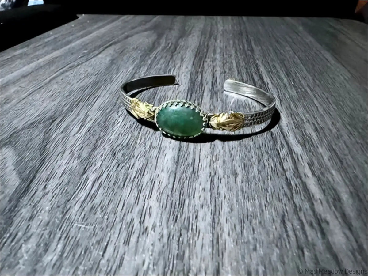 Sterling Silver Cuff Bracelet with Brass Frogs and Moss Agate Stone - Bracelet