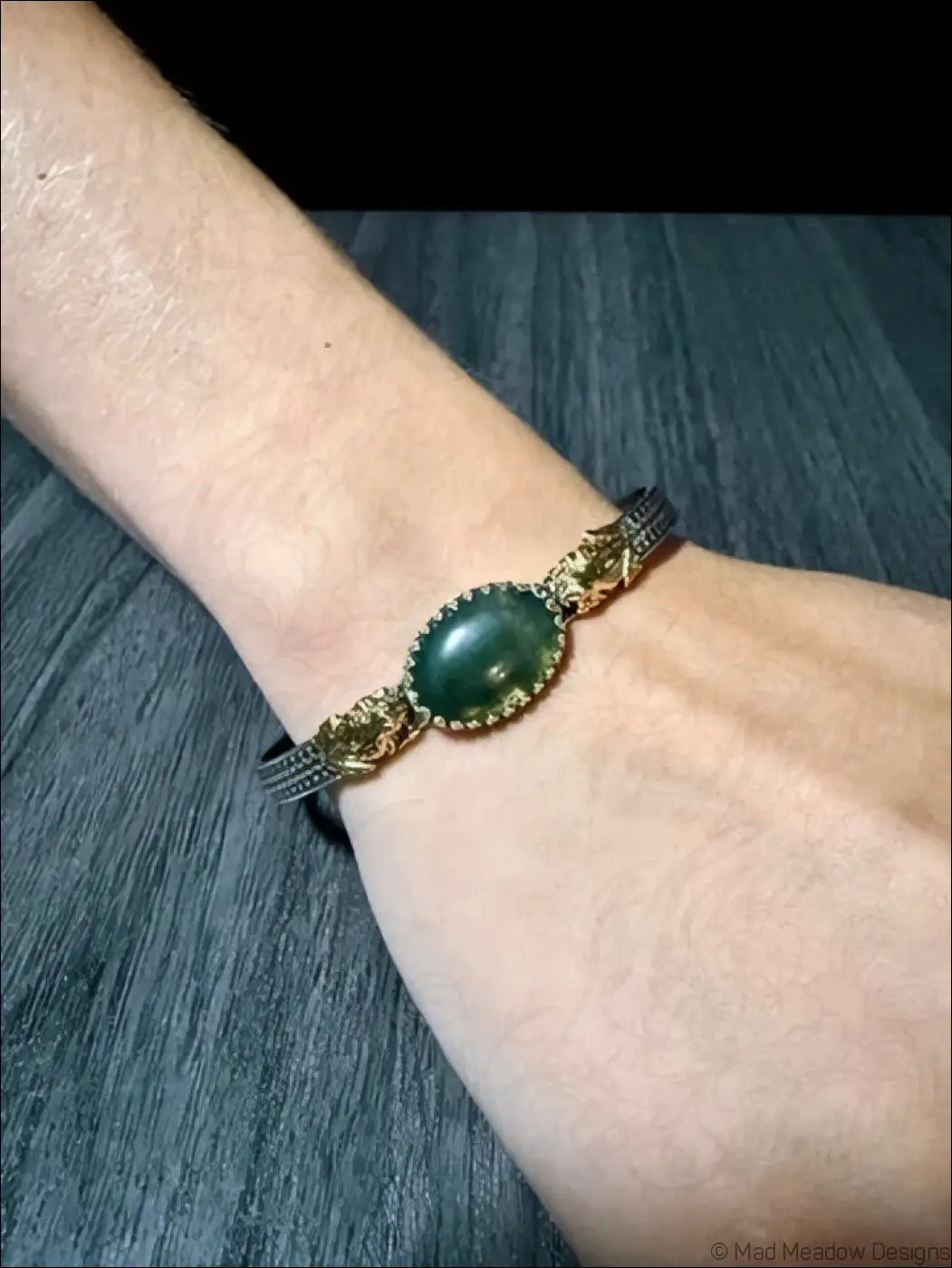 Sterling Silver Cuff Bracelet with Brass Frogs and Moss Agate Stone - Bracelet