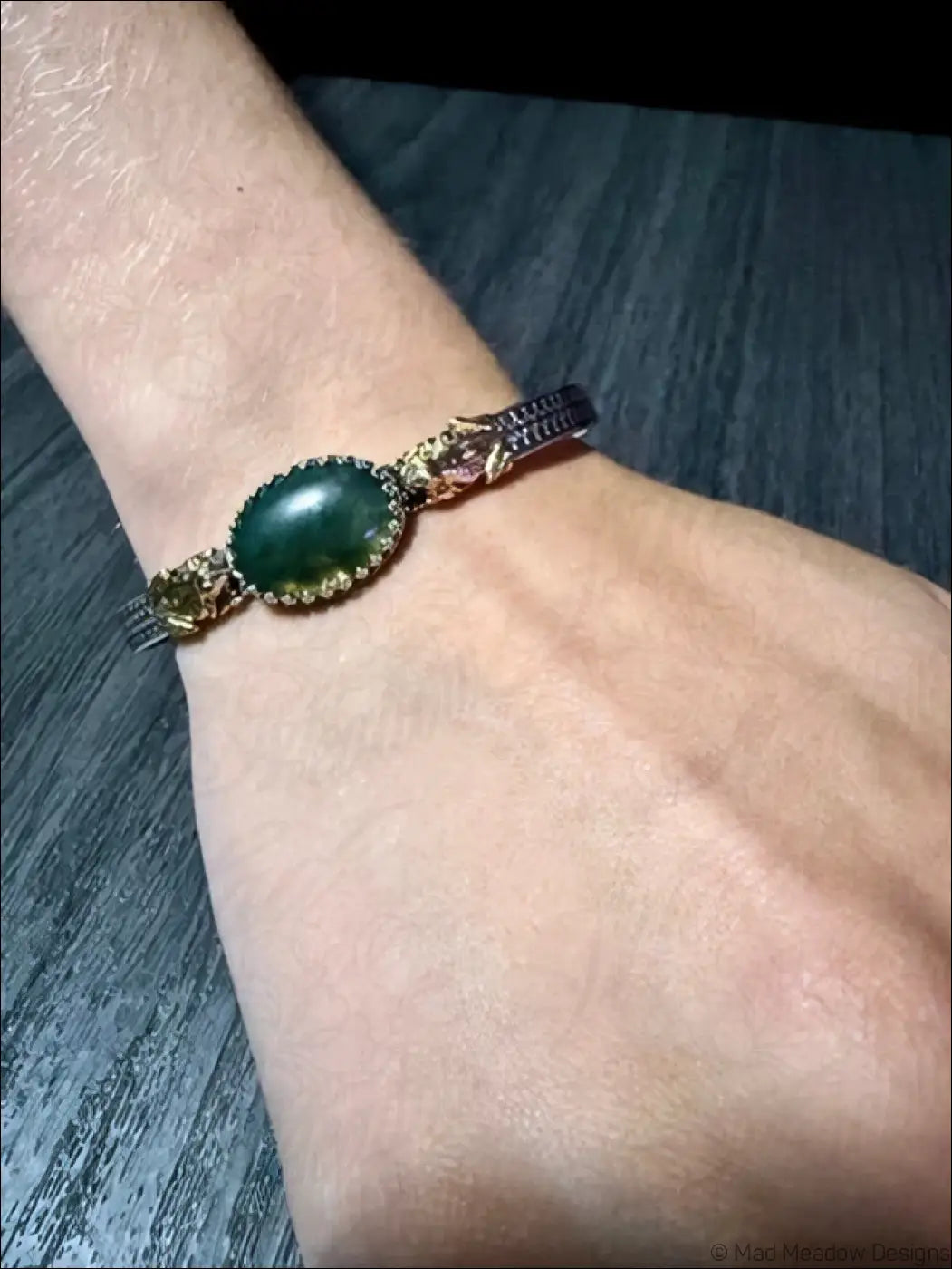 Sterling Silver Cuff Bracelet with Brass Frogs and Moss Agate Stone - Bracelet