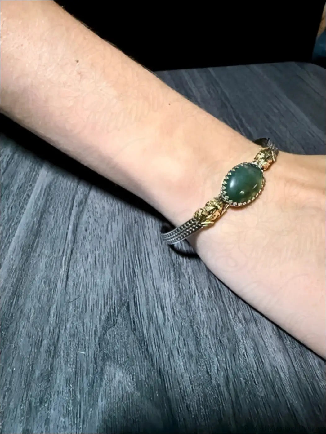 Sterling Silver Cuff Bracelet with Brass Frogs and Moss Agate Stone - Bracelet