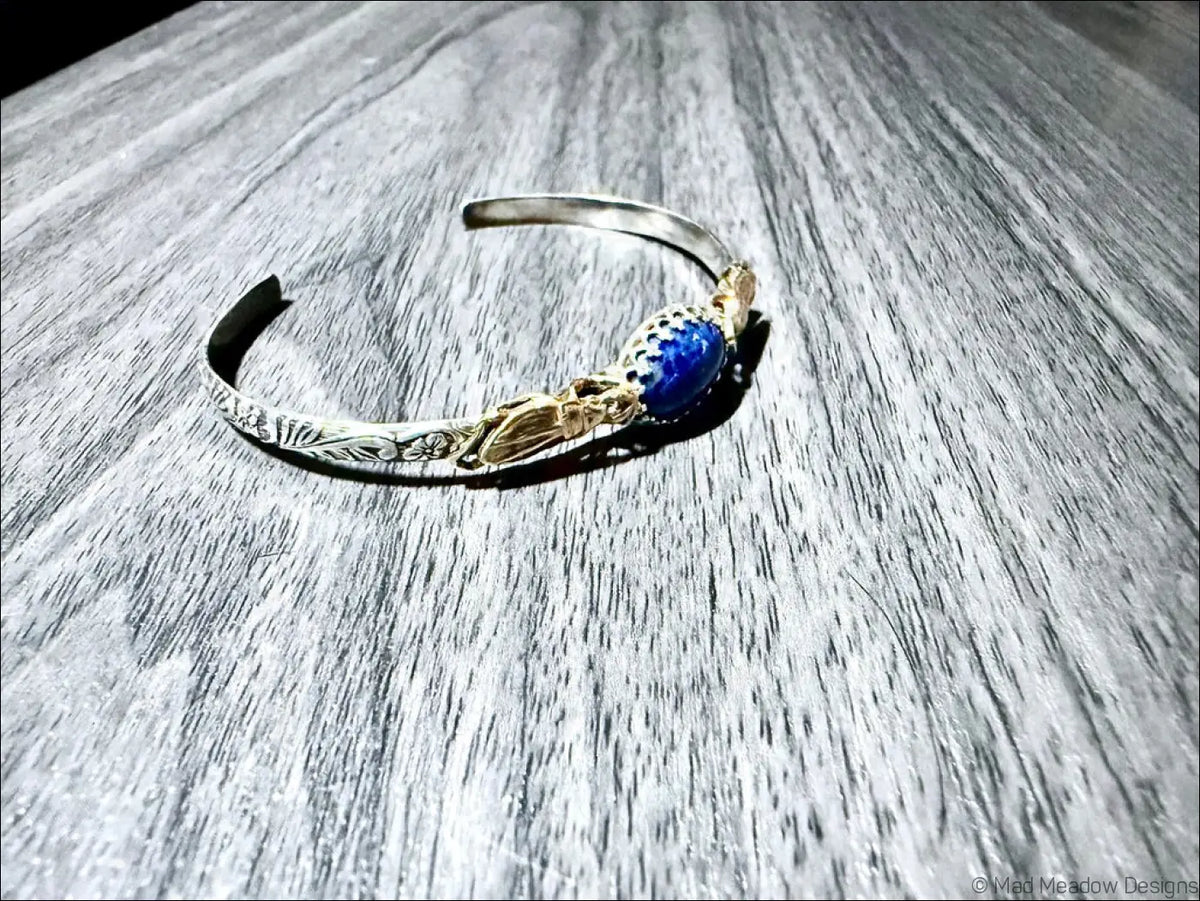 Sterling Silver Cuff Bracelet with Brass Scarabs and Lapis Lazuli Stone - Bracelet